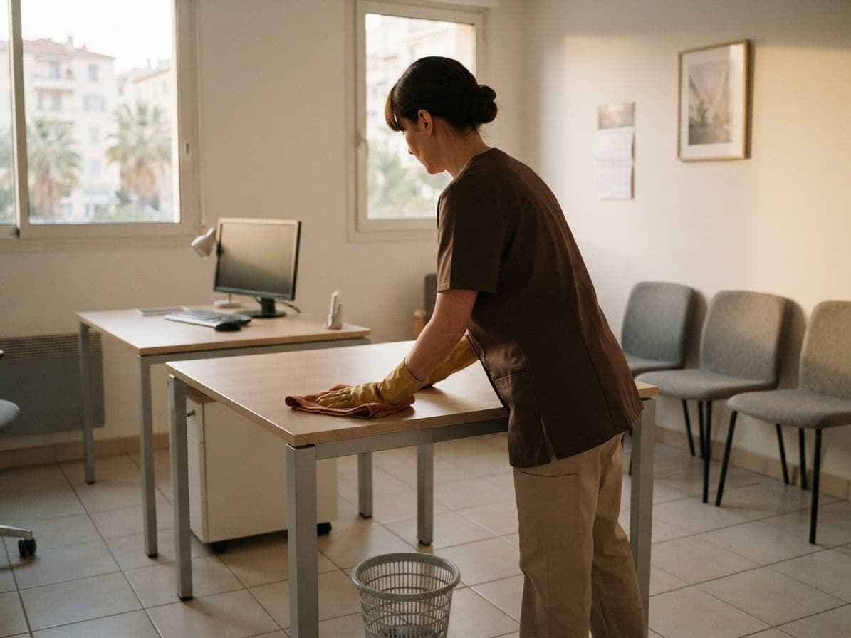 Femme essuyant un bureau dans un petit cabinet, chaises d'attente grises et corbeille vidée au sol