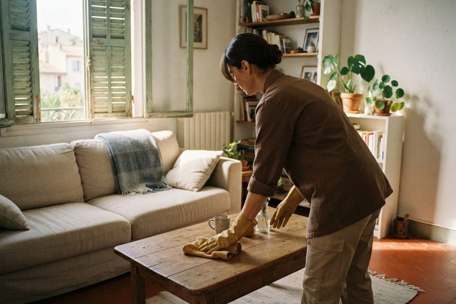 Femme en tunique brune essuyant une table basse en bois dans un salon avec canapé clair et volets ouverts