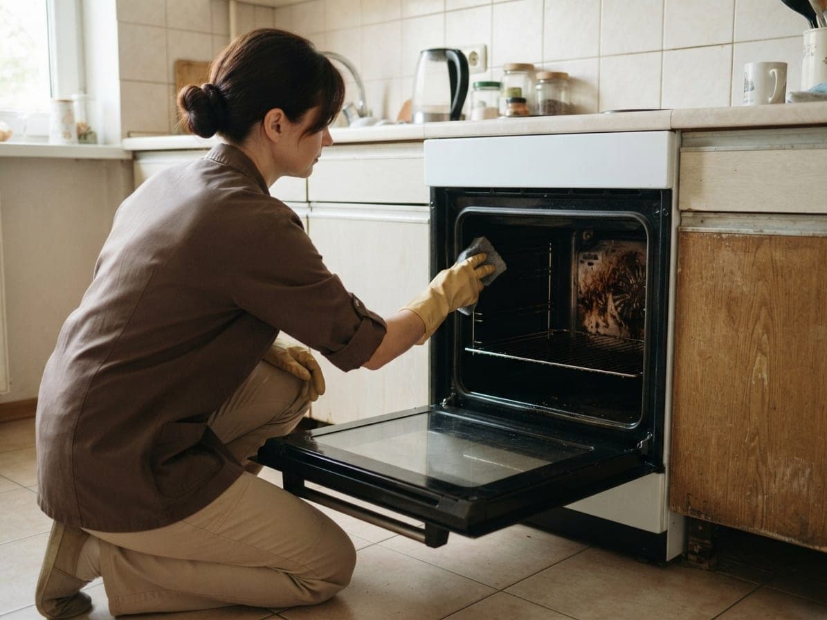 Femme agenouillée dégraissant l'intérieur d'un four ouvert avec une éponge, gants jaunes