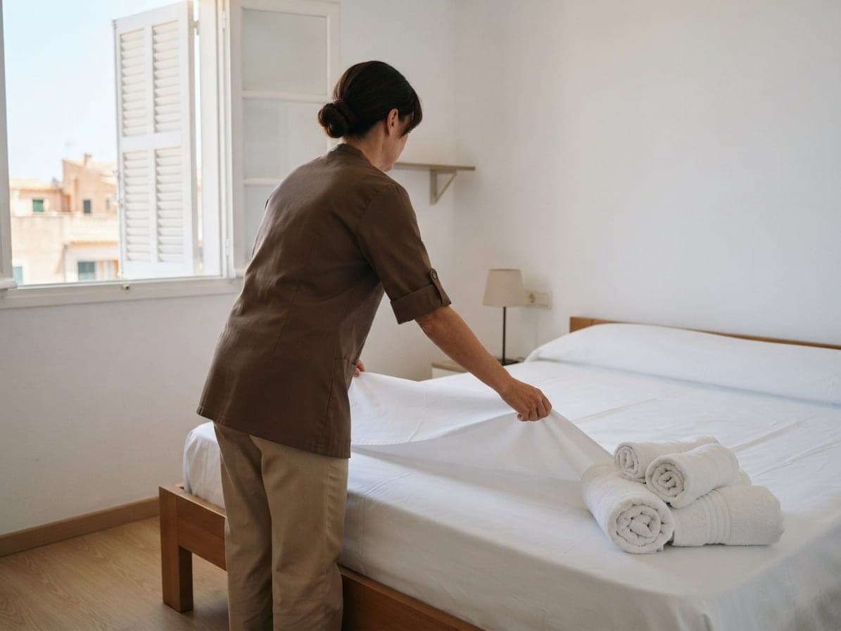 Femme tendant un drap blanc sur un lit double, serviettes roulées au pied, fenêtre à persiennes ouverte