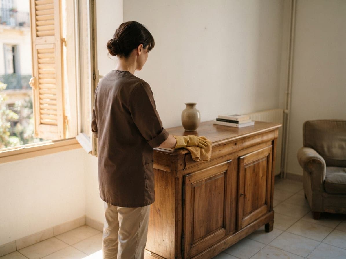 Femme en tunique brune essuyant le dessus d'un buffet en bois ancien près d'une fenêtre à persiennes