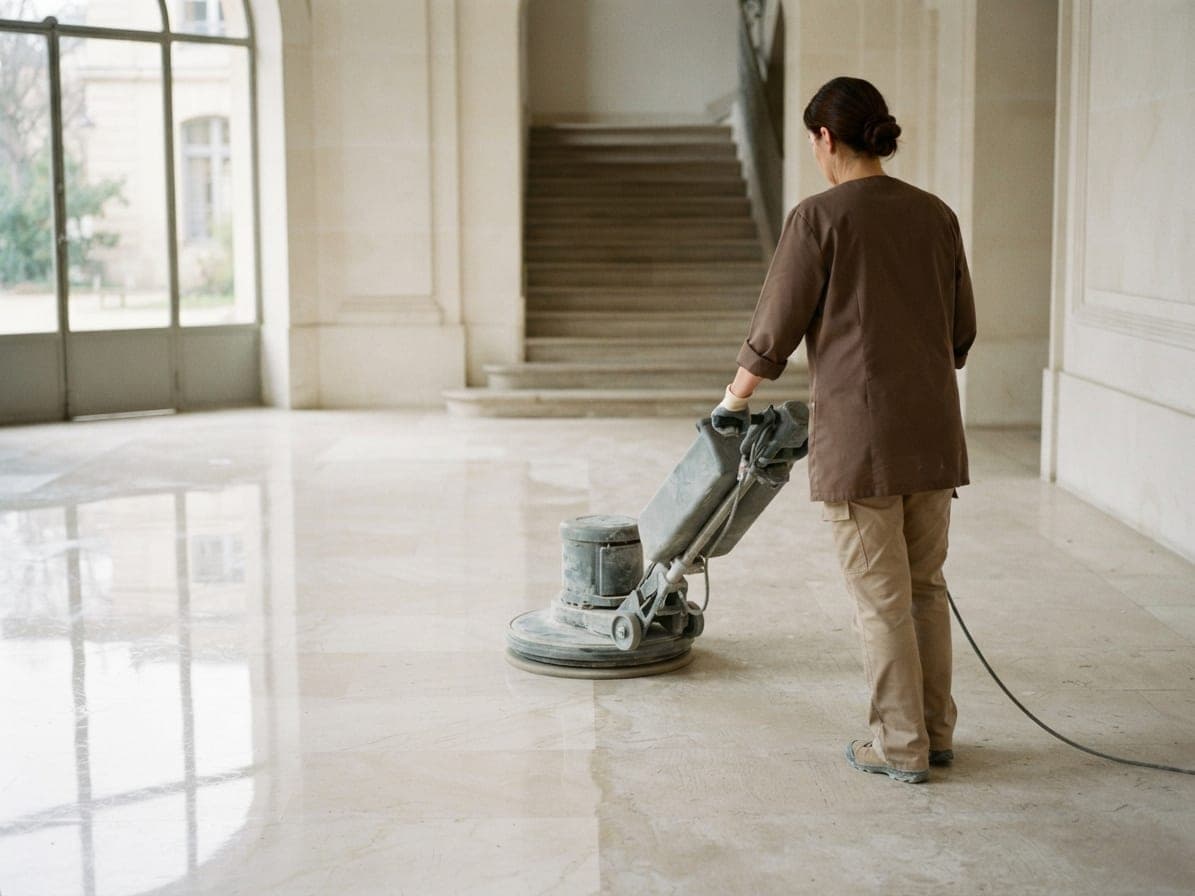 Femme guidant une monobrosse sur un sol de pierre claire, moitié lustrée et moitié terne, dans un grand hall