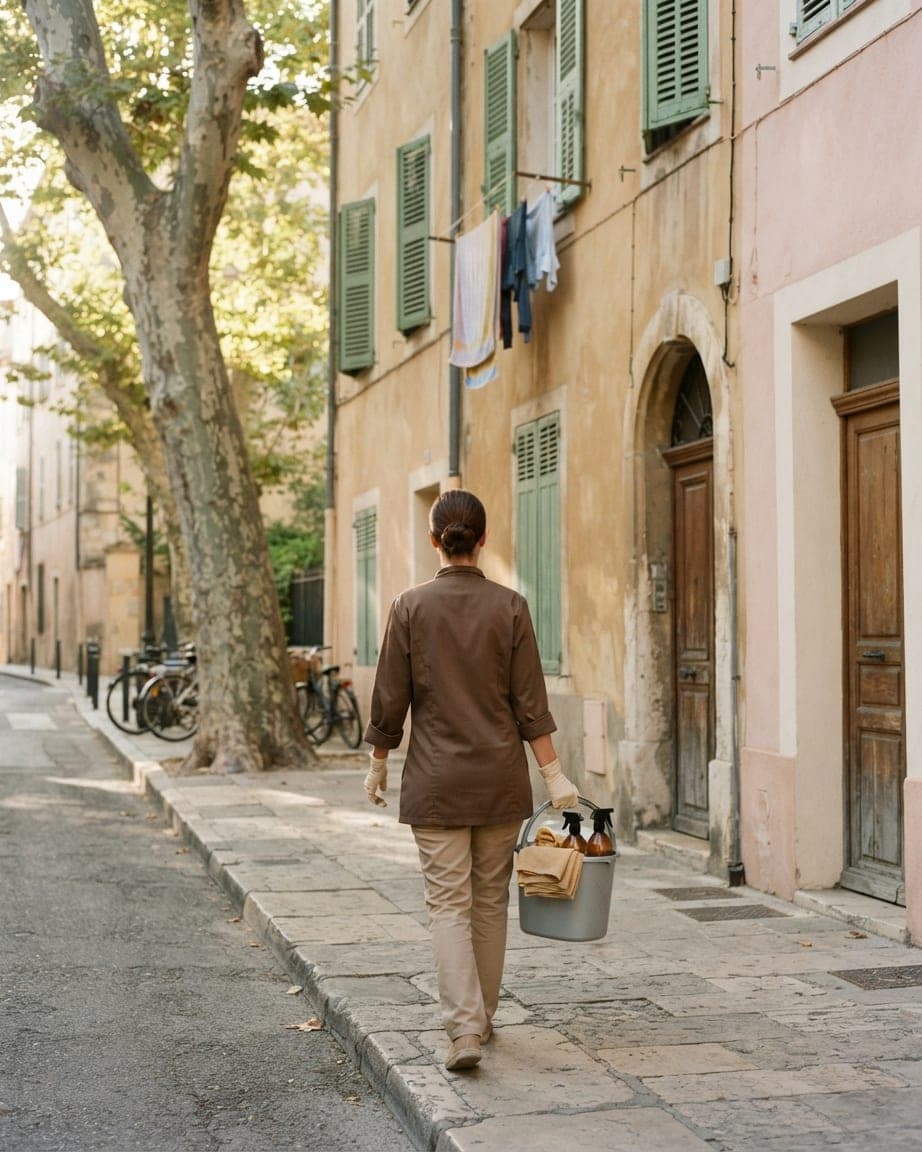 Femme de dos marchant avec un seau de ménage dans une rue aux façades ocre et persiennes vertes
