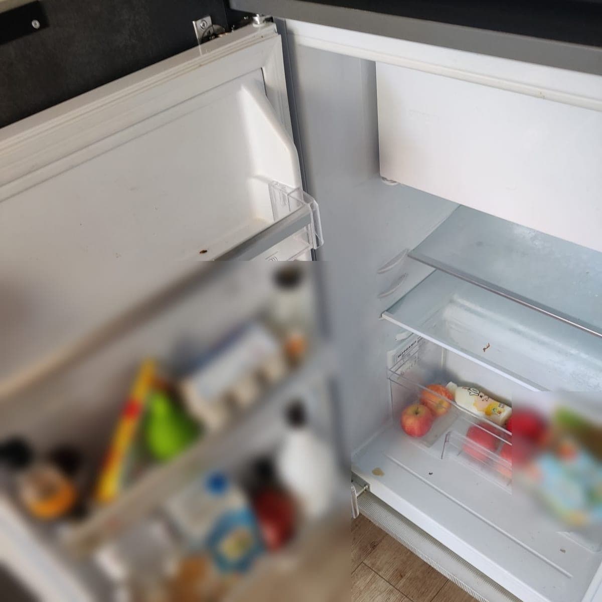 Réfrigérateur encastré ouvert, plein de denrées dont les étiquettes sont floutées