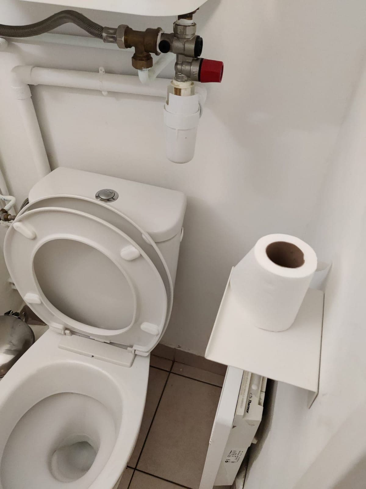 WC blanc, lunette relevée, avec tuyauterie murale et dérouleur de papier, propres