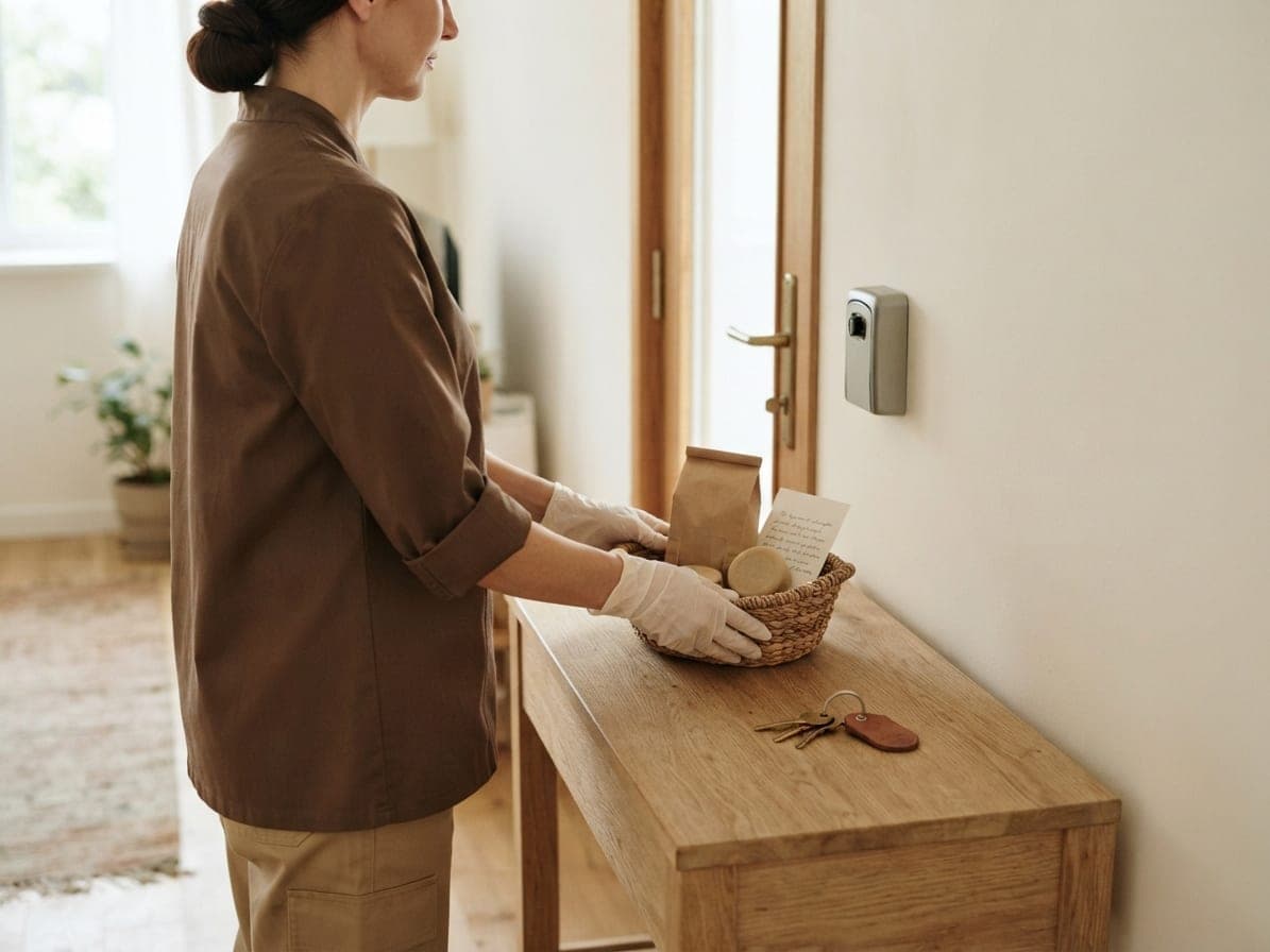 Femme déposant un panier d'accueil sur une console d'entrée, trousseau de clés et boîte à clés au mur