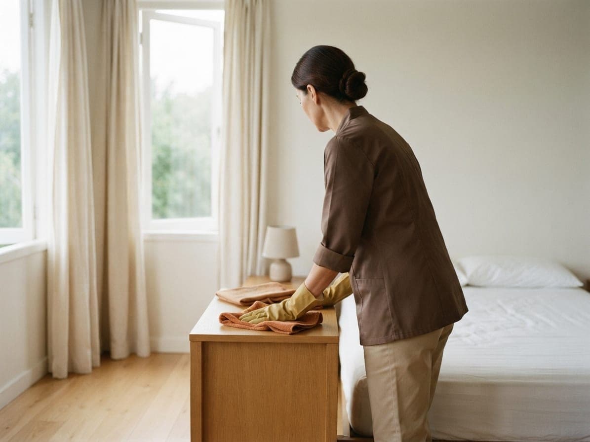 Femme essuyant une table de chevet dans une chambre calme, rideaux clairs ouverts et matelas nu