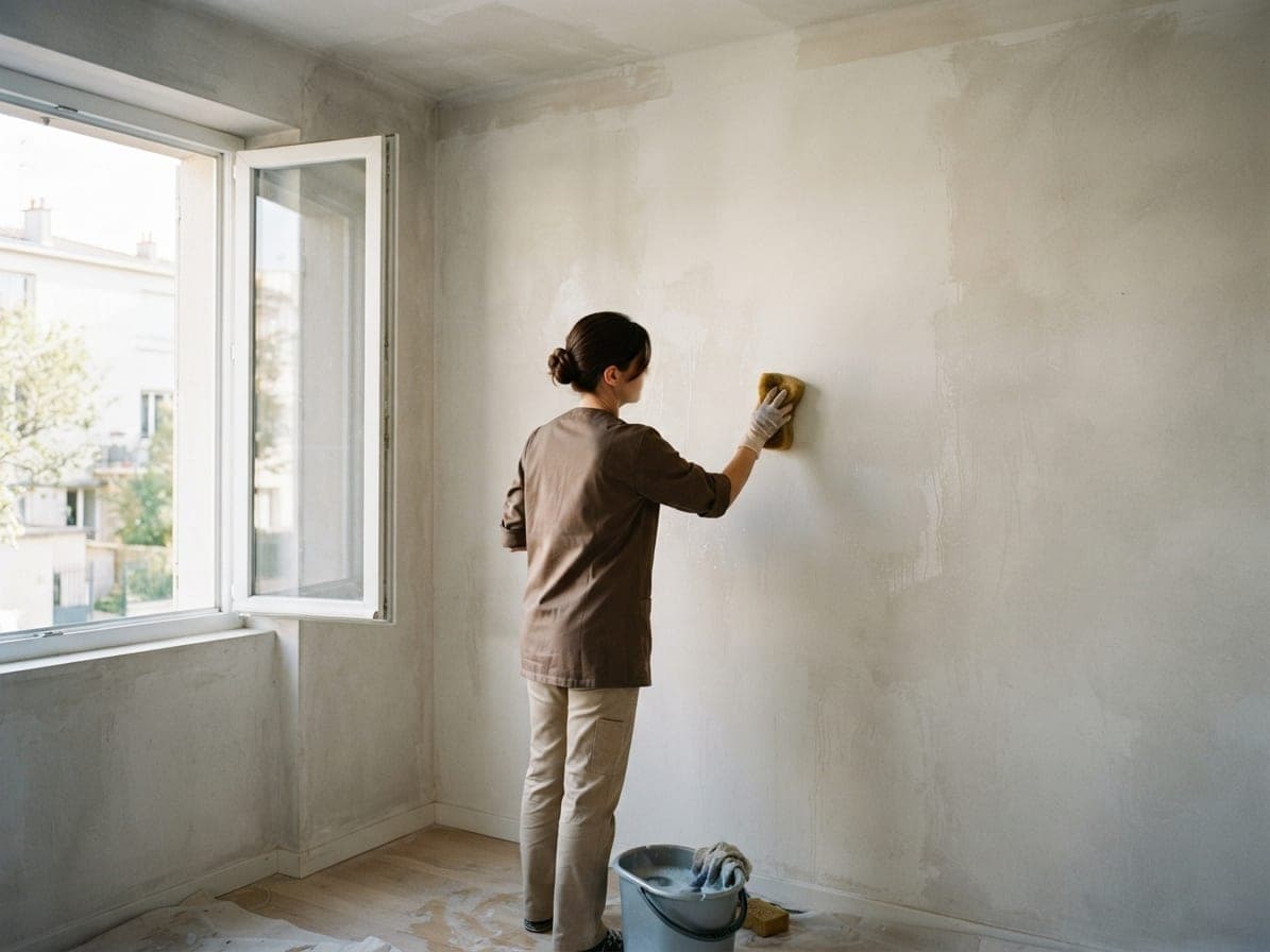 Femme lessivant un mur à l'éponge dans une pièce dont la fenêtre est ouverte, seau posé au sol