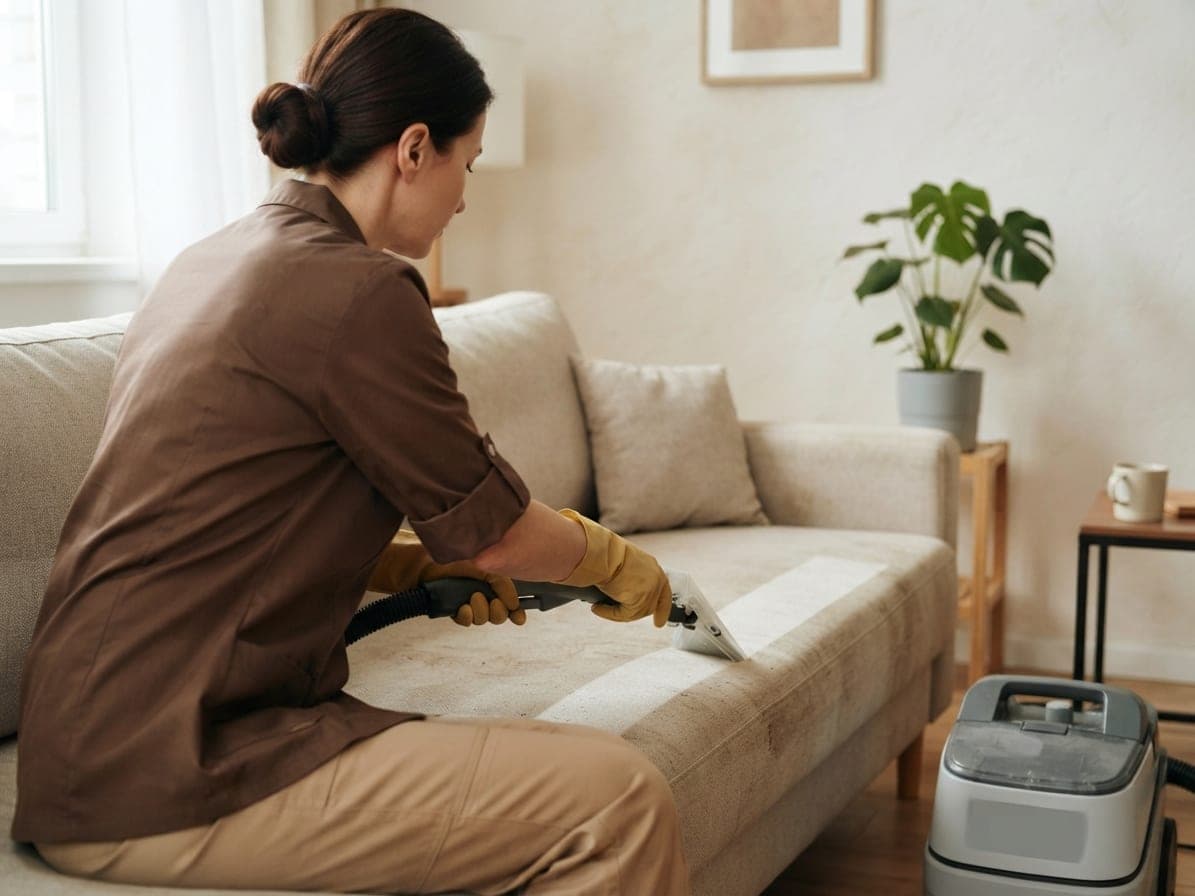 Femme nettoyant l'assise d'un canapé en tissu clair avec une buse d'injection-extraction, gants jaunes