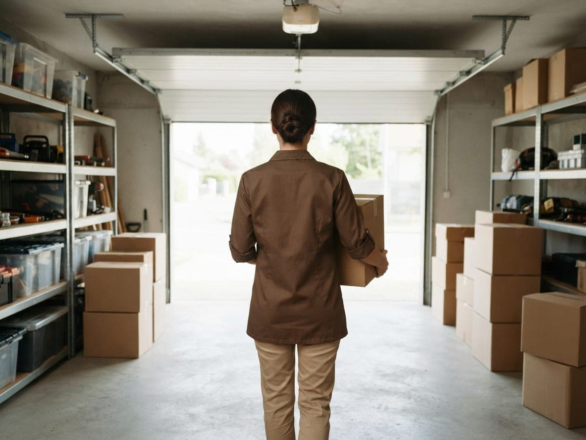 Femme de dos portant un carton fermé vers la porte ouverte d'un garage aux étagères métalliques