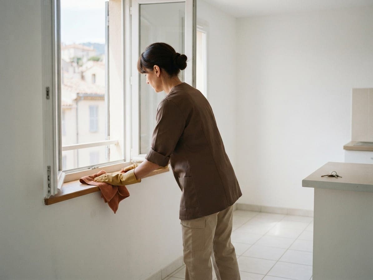Femme essuyant le rebord d'une fenêtre dans un appartement vide, clés posées sur le plan de travail