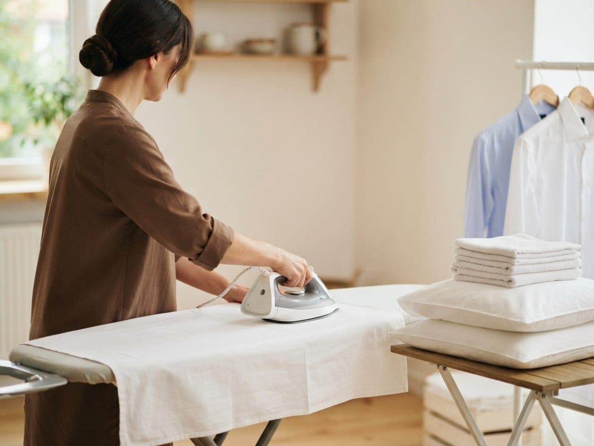 Femme repassant un drap blanc sur une table à repasser, serviettes pliées et chemises sur cintre à côté