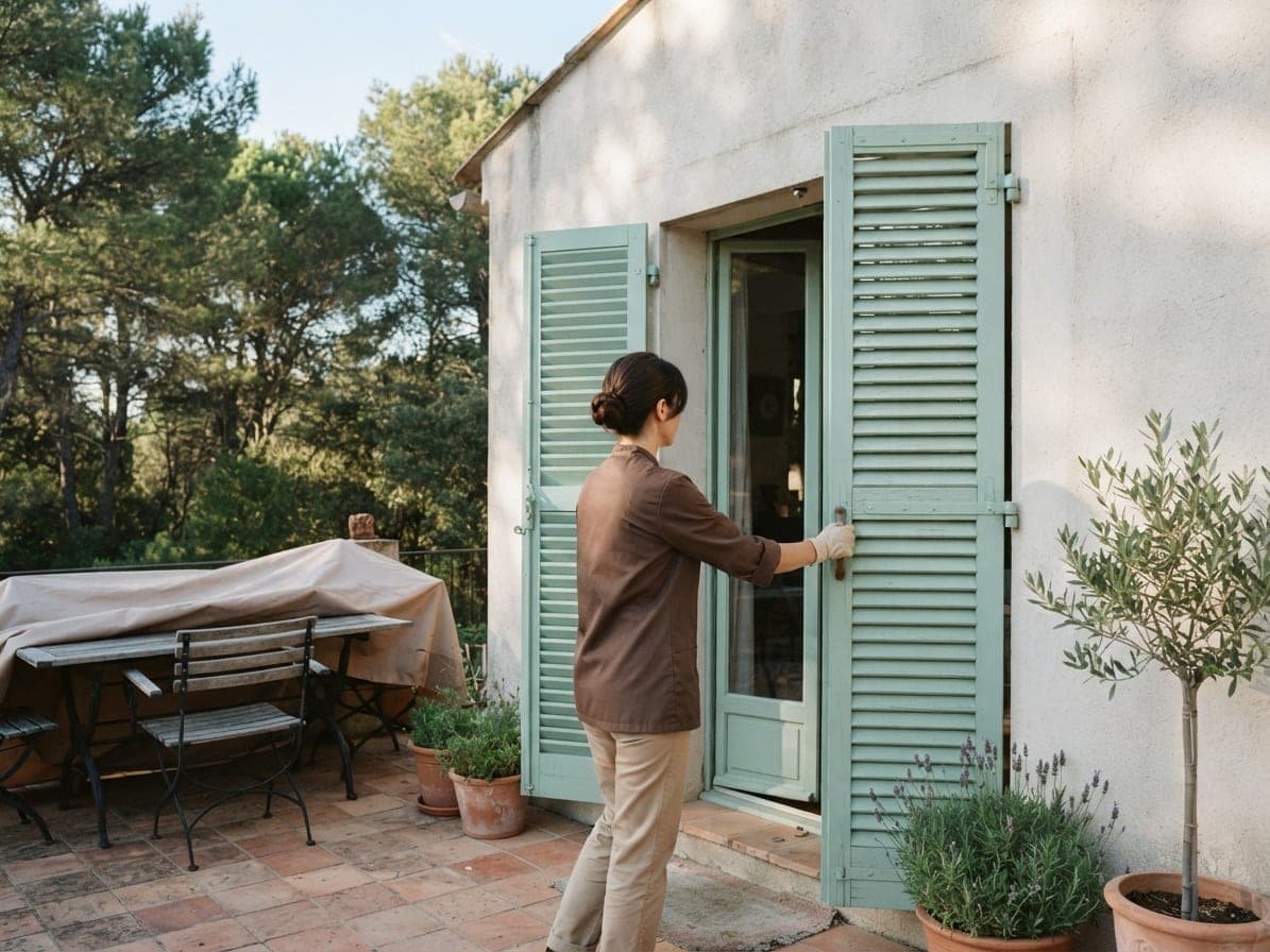 Femme ouvrant les volets vert d'eau d'une porte-fenêtre, terrasse avec mobilier sous housse et olivier en pot