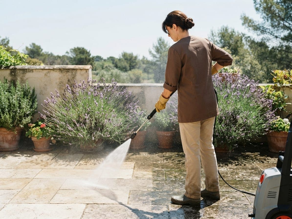 Jet d'eau sous pression sur les dalles de pierre d'une terrasse, entre des pots de lavande, tenu par une femme en tunique brune